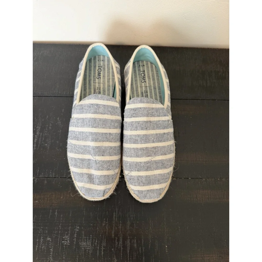 TOMS Blue/White Striped Canvas Espadrille Flats Size 7.5 Comfort Nautical Casual